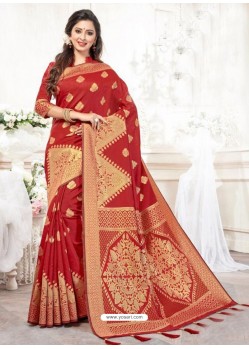 Glorious Red Silk Jacquard Work Designer Saree