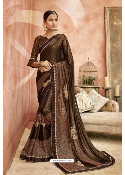 Coffee Embroidery Lycra Designer Party Wear Saree