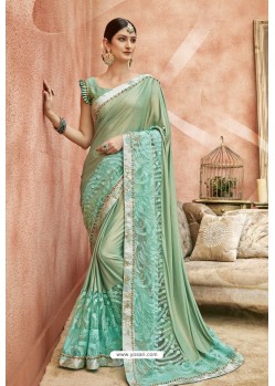 Sea Green Embroidery Lycra Designer Party Wear Saree