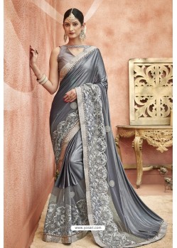 Grey Embroidery Lycra Designer Party Wear Saree