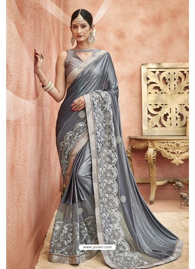 Buy Party Wear Grey Embroidery Work Lycra Saree Online From