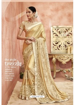 Cream Embroidery Lycra Designer Party Wear Saree