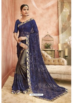 Dark Blue Embroidery Lycra Designer Party Wear Saree