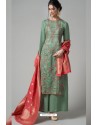 Grayish Green Pure Chanderi Embroidered Designer Palazzo Suit