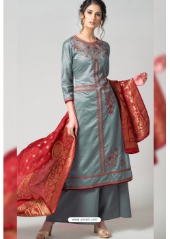 Grey Pure Chanderi Embroidered Designer Palazzo Suit