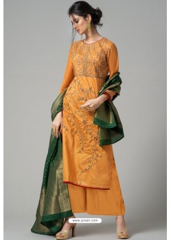 Mustard Pure Chanderi Embroidered Designer Palazzo Suit