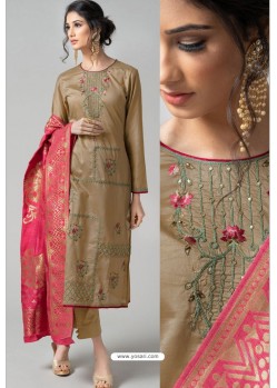 Beige Pure Chanderi Embroidered Designer Palazzo Suit