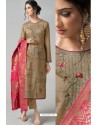 Beige Pure Chanderi Embroidered Designer Palazzo Suit