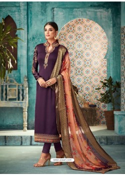 Purple Satin Georgette Embroidered Churidar Suit