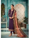 Purple Satin Georgette Embroidered Churidar Suit