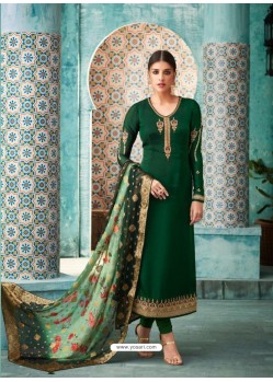 Dark Green Satin Georgette Embroidered Churidar Suit