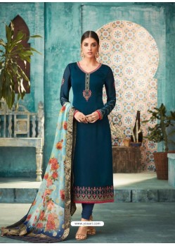 Teal Blue Satin Georgette Embroidered Churidar Suit