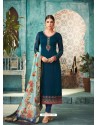 Teal Blue Satin Georgette Embroidered Churidar Suit