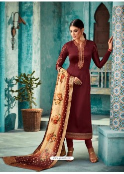 Maroon Satin Georgette Embroidered Churidar Suit