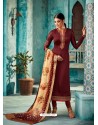 Maroon Satin Georgette Embroidered Churidar Suit