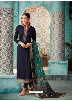 Navy Blue Satin Georgette Embroidered Churidar Suit