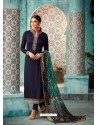 Navy Blue Satin Georgette Embroidered Churidar Suit