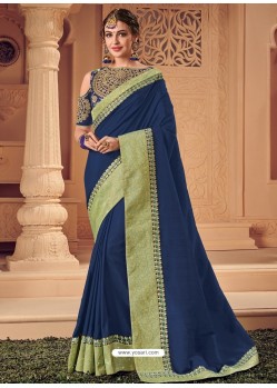 Navy Blue Two Tone Banarasi Silk Heavy Designer Party Wear Saree