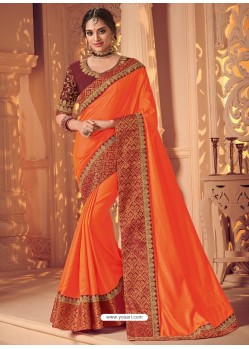 Orange Two Tone Silk Heavy Designer Party Wear Saree