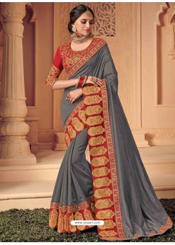 Dull Grey Two Tone Silk Heavy Designer Party Wear Saree