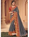 Dull Grey Two Tone Silk Heavy Designer Party Wear Saree