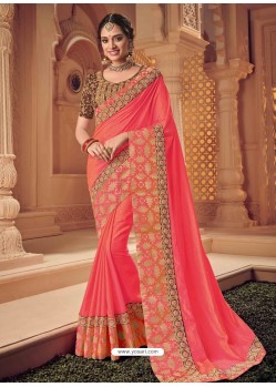 Dark Peach Two Tone Banarasi Silk Heavy Designer Party Wear Saree