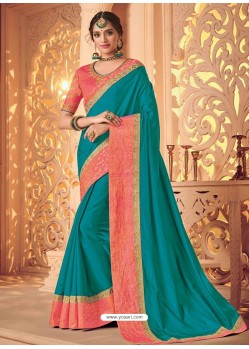 Teal And Peach Two Tone Silk Heavy Designer Party Wear Saree