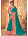 Teal And Peach Two Tone Silk Heavy Designer Party Wear Saree