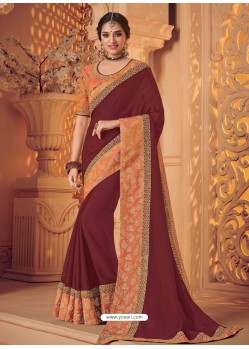 Maroon Two Tone Satin Silk Heavy Designer Party Wear Saree