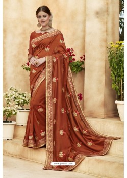 Rust Chanderi Silk and Georgette Designer Saree