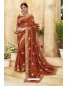 Rust Chanderi Silk and Georgette Designer Saree