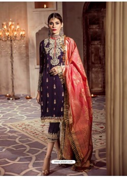 Purple Faux Georgette Embroidered Straight Suit