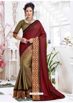 Maroon And Camel Art Silk Embroidered Party Wear Saree