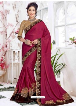 Rose Red Sana Silk Embroidered Party Wear Saree