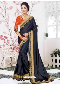 Navy Blue Barfi Silk Embroidered Party Wear Saree