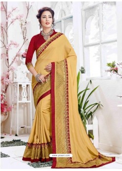 Cream Barfi Silk Embroidered Party Wear Saree