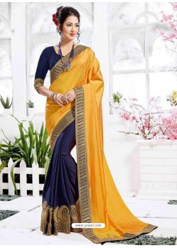 Yellow And Blue Barfi Silk Embroidered Party Wear Saree