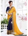 Yellow And Blue Barfi Silk Embroidered Party Wear Saree