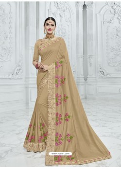 Beige Moss Chiffon Heavy Embroidered Designer Saree