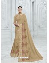 Beige Moss Chiffon Heavy Embroidered Designer Saree