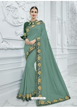 Grayish Green Silk Fabrics Heavy Embroidered Designer Saree