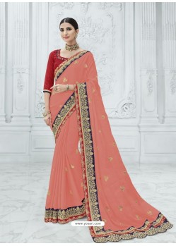 Peach Chiffon Pattern Heavy Embroidered Designer Saree