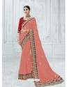 Peach Chiffon Pattern Heavy Embroidered Designer Saree