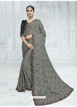 Grey Two Tone Chiffon Pattern Heavy Embroidered Designer Saree