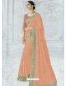 Peach Silk Fabrics Heavy Embroidered Designer Saree