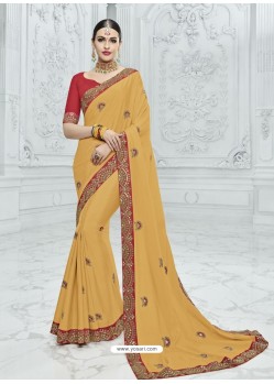 Yellow Chinnon Heavy Embroidered Designer Saree