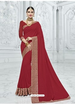 Maroon Silk Fabrics Heavy Embroidered Designer Saree