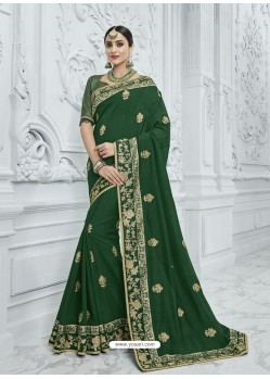Dark Green Silk Fabrics Heavy Embroidered Designer Saree