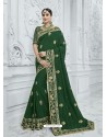 Dark Green Silk Fabrics Heavy Embroidered Designer Saree