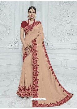 Light Orange Silk Fabrics Heavy Embroidered Designer Saree